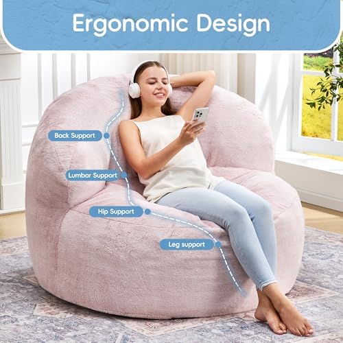 Hobestluk Adult Bean Bag Chair Memory Foam Faux Fur, Plush Pink, Medium