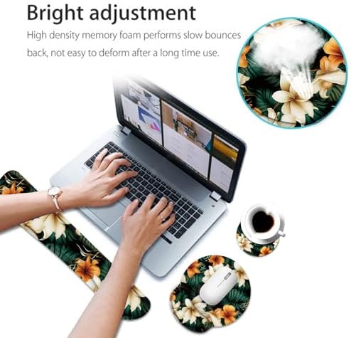 Keyboard Wrist Rest and Mouse Pad Wrist Support Set with Coaster,Ergonomic Mouse Pad,Comfortable for Easy Typing, Pain Relief,Memory Foam Keyboard Pad Set for Laptop Mac,White Brown Flowers
