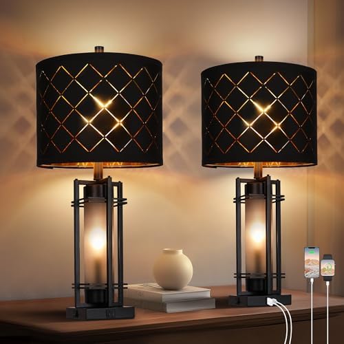WIHTU 27'' Modern Table Lamp Set of 2 with Nightlight, Metal Bedside Lamps