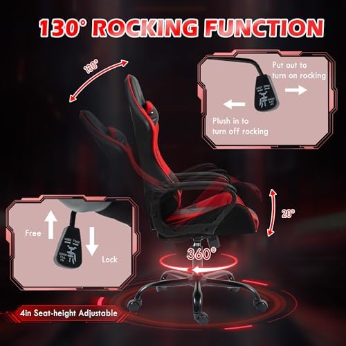 ECOTOUGE Red Ergonomic Gaming Chair Massage Lumbar Rocking High Back