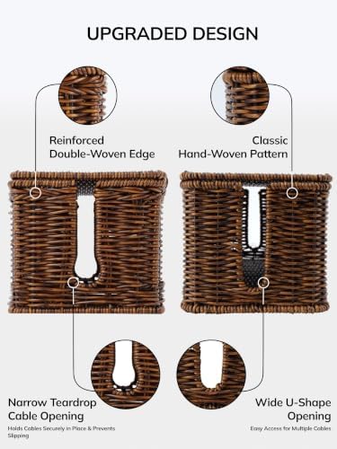 BROWNLILY Cable Management Box, Rattan Style Cord Organizer for Desk Cord Hider Outlet Covers for Power Strip Router Charger Under Desk Storage with Lockable Lid & Cable Ties(Braided Edging,Brown,Set)