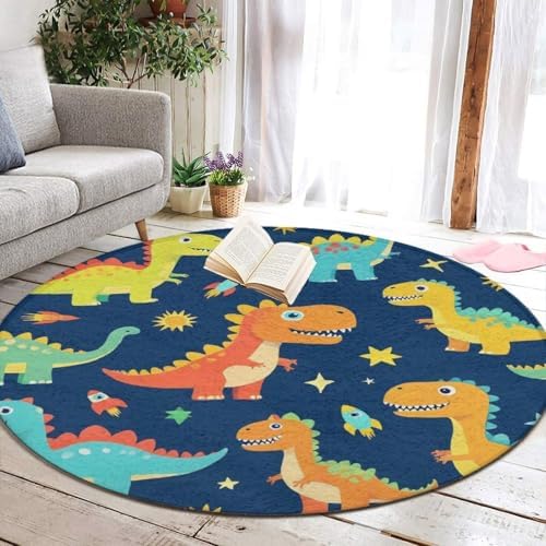 Large Home Decor Mat, Soft Round Yoga Carpet, Non Slip Machine Washable Kitchen Office Circle Rug Dinosaurs