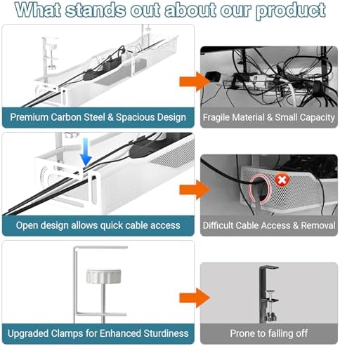 No Drill Under Desk Cable Management Tray, SONATURE 25.3" Cord Organizer for Table, Clamp Mount Desk Cable Management, Premium Carbon Steel Cable Organizer for Office, Home (White)