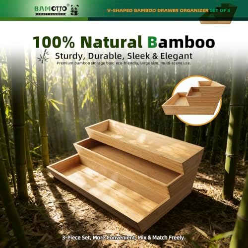 BAMOTTO CRAFTBAMBOO Large Long V-Shaped Bamboo Drawer Organizer Set of 3