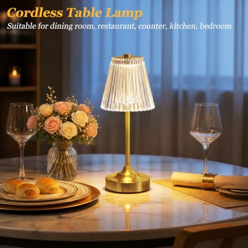 Kakanuo Gold Cordless Rechargeable Table Lamp, Touch Battery Powered Lamp, 3 Color Modes, Crystal Acrylic Lampshade, Portable Ambient Night Light for Desk, Bedroom, Dining Room, Kitchen, Bar (2 Pack)