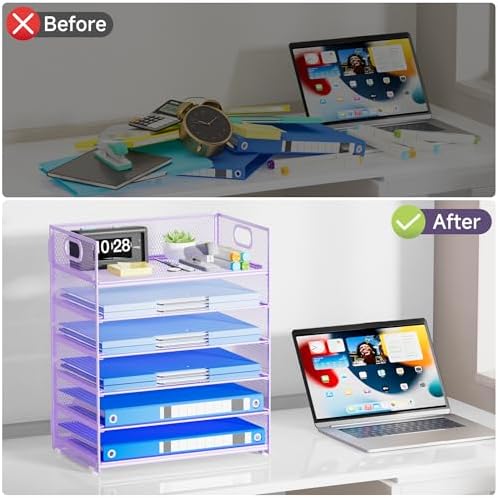 Purple Paper Organizer for Desk with Handle, 6-Tier