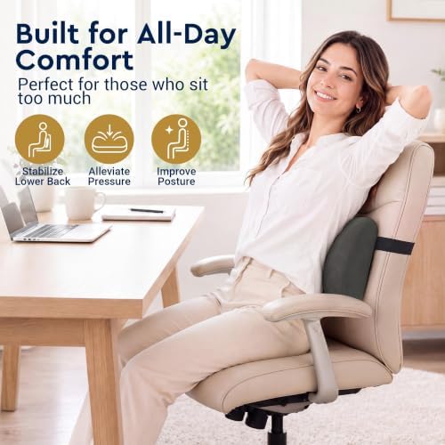 Lumbar Support Pillow for Office Chair, Lower Back Pillow with Strap, Gray