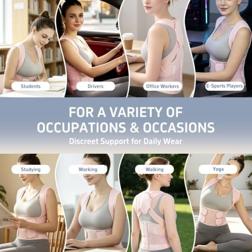 Posture Corrector for Women and Men, Adjustable Back Brace with Shoulder Support, Lumbar Support Belt and Full Back Support, Posture Trainer Back Straightener for Upper Back, Lower Back Support, Slouching and Hunchback Corrector (Pink, Small)