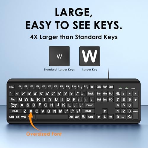 EDJO Large Print Computer Keyboard, Wired USB Full Size Quiet Keyboard with 4X Oversized Print Letters for Visually Impaired Low Vision Individuals Easy to See and Type for PC, Laptop,Windows