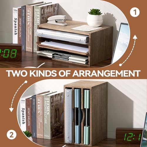 KIRIGEN Wooden Desk Organizer 3-Tier Letter Tray and Paper Sorter, Brown