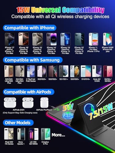 Mouse Pad with Foldable Phone Holder & Wireless Charger, XXL RGB Gaming Mousepad 31.5"x15.8" Large Desk Mat for Keyboard, Black Desk Pad with Dual Qi Charging Station | 11 Colors 5 Modes | Waterproof