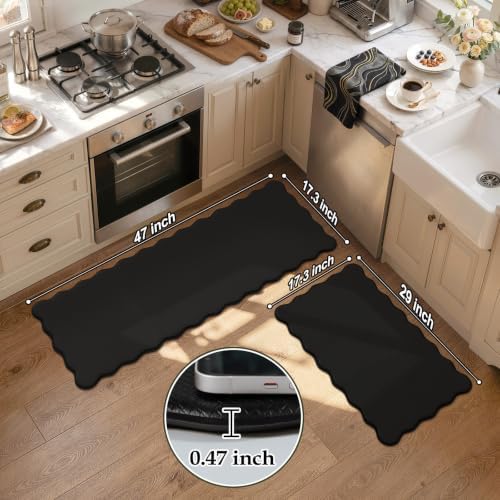 KIMODE Scalloped Kitchen Mats for Floor Cushioned Anti Fatigue Black Wavy