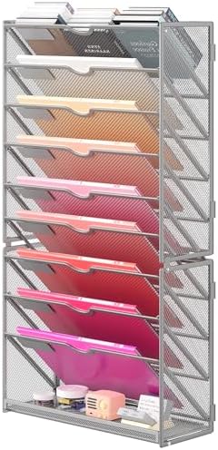 Lavatino 10-Tier Hanging Wall File Folders Organizer - Silver Metal Mesh Paper Magazine Document Mail Holder File Organizer for Office School Home Wall Mount or Desk Supplies Organization