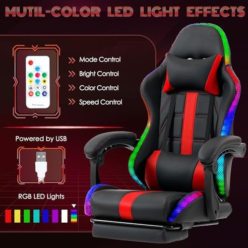 ECOTOUGE Gaming Chair with Footrest, Lumbar Massage & RGB LED Lights, Red