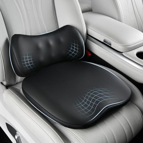 Coverado Memory Foam Car Seat Cushion and Lumbar Support Pillow for Driving Seat, Ergonomic Design Soft and Breathable PU Leather, High Density Memory Foam for Neck & Lower Back Pain Relie