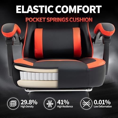 Gaming Chair with Footrest for Adults - Ergonomic Gaming Chairs with Foot Rest - Big and Tall Computer Game Chair - PU Leather Reclining Video Game Chairs with Spring Cushion - Black/Red