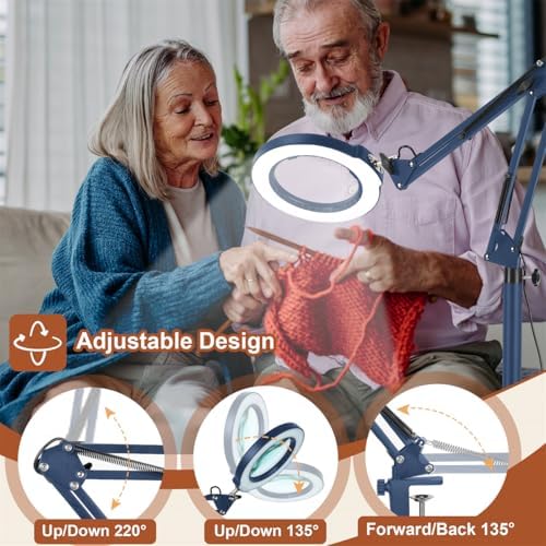 LANCOSC 15X Magnifying Glass with Light and Stand, 3-in-1 Adjustable Swing Floor Lamp, 5 Color Modes Stepless Dimmable, LED Lighted Hands Free Magnifier & Clamp for Reading, Crafts, Painting - Blue