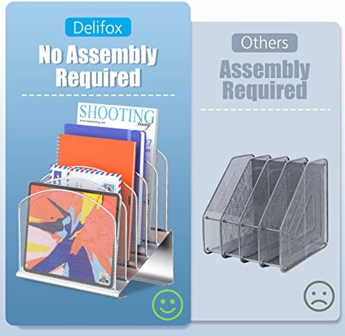 Delifox Inclined Desk File Organizer,Vertical File Folder Holder Stand Metal Rack File Sorter for Office Classroom Desktop Organization (1, Silver, 5)