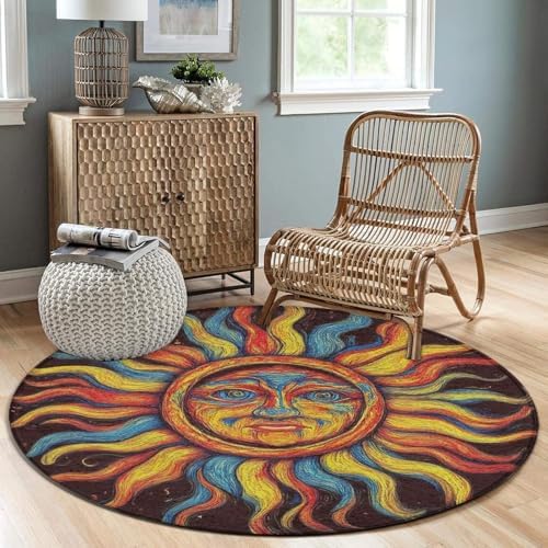 Machine Washable Modern Round Area Rug, Room Sofa Yoga Soft Round Carpet, Home Decor Non Slip Kitchen Office Circle Rug Trippy Sun Art, 24inch