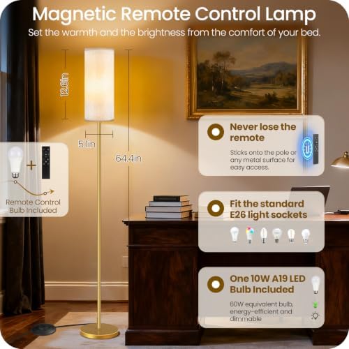 Dimmable Floor Lamp for Living Room with Remote and Foot Switch, Standing Tall Lamp, Bulb Included, 3000K-6500K, Beige and Gold, FCC Listed DE06LD05W1