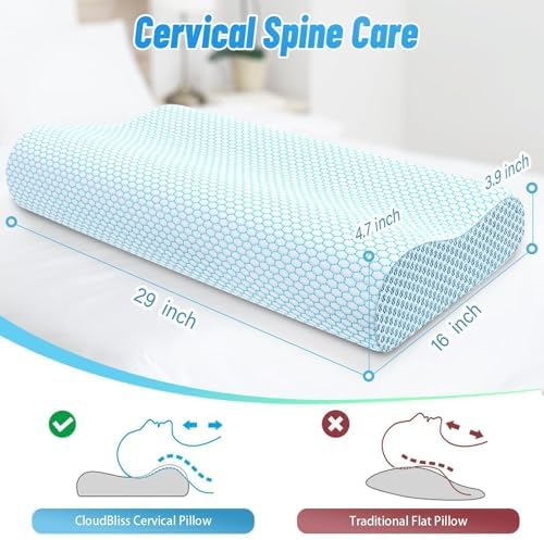 Neck Pillow for Sleeping, Ergonomic Cervical Bed Pillow, Blue Queen Size