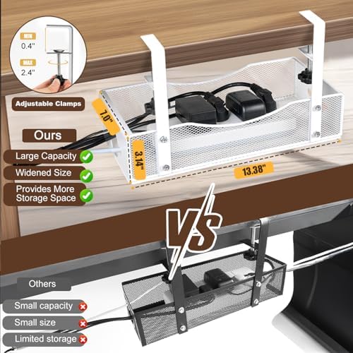 Extra Wide Under Desk Cable Management - 7inch No Drill Installation Cable Management Tray, Clamp/Screw Mount Desk Cable Management, Cable Management Tray for Office, Home((White, XL) (Pack of 2)