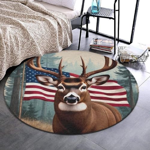 Women's Large Home Decor Mat, Soft Round Yoga Carpet, Non Slip Machine Washable Home Office Circle Rug American Flag Hunting Camo Tree Deer