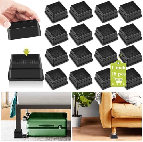 16 Pack Furniture Risers 1 Inch, Adjustable Bed Risers Heavy Duty for Table Desk Couch Chair Sofa Cabinet Bed Frame Dorm, Square Stackable Table Leg Risers Lift Height 1", 2" or 3", Black