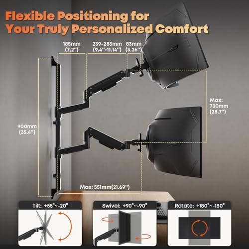 PUTORSEN Dual Monitor Wall Mount Fits 17-49" Ultrawide Screens, Black