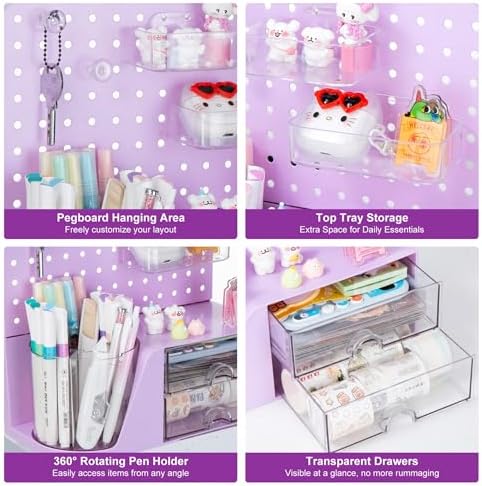 Comix Desk Organizer with 2 Drawer, Purple 360 Rotating Pen Holder for Desk