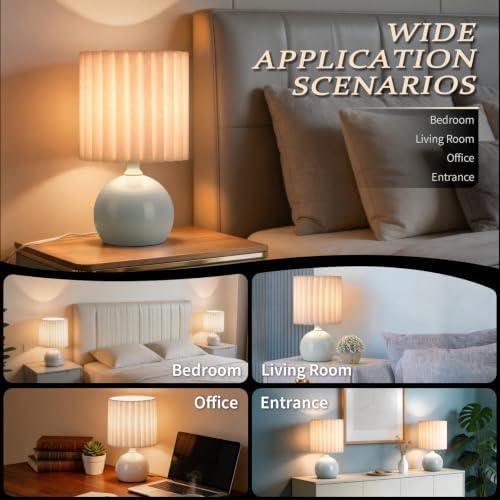 Ziqqeelam Blue Small Table Lamp with Scalloped Linen Shade, Mini Blue Table Lamp for Bedroom Nightstand, Cute Desk Night Light for Living Room, Bookshelf, Kitchen Counter, Kids Room, Office