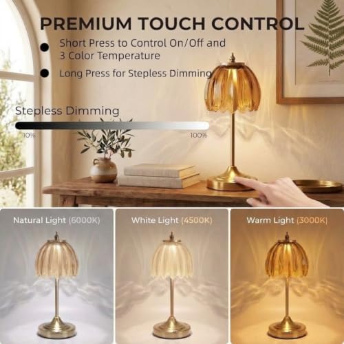 Tulip Glass Rechargeable Table Lamp, Cordless Vintage Table Light (Amber)