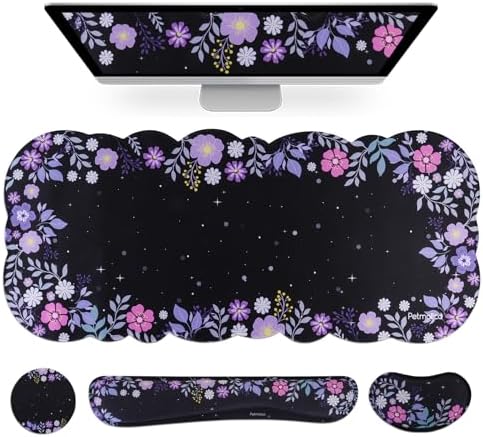 Petmolico Desk Pad Set with Wrist Rest for Keyboard & Mouse, Purple Floral