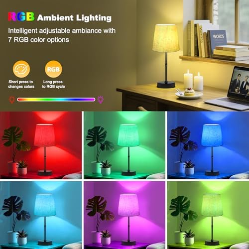 Wowag Cordless Table Lamp,5000mAh Rechargeable Battery Operated Desk Lamp,3 Colors & 7 RGB Stepless Dimmable,Portable Wireless Touch Bedside Night Light for Restaurant,Home,Decor Party,Flaxen Shade