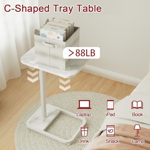 GOYLSER C Shaped Tv Trays Living Room End Table End Stand, White Marble Minimalist Wooden C Table for Sofa, Height Adjustable Tv Tray Tables Side Table for Dinner Eating