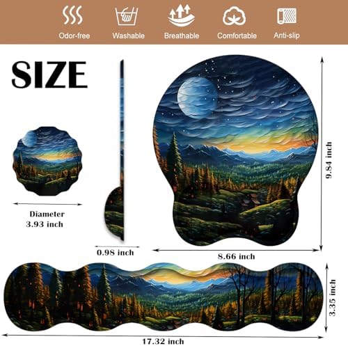 Keyboard Wrist Rest and Mouse Pad Wrist Support with Lace-Shaped Coaster Set, Ergonomic Gel Memory Foam and Anti-Slip Base, Easy Typing and Pain Relief - Art Moon Starry Night