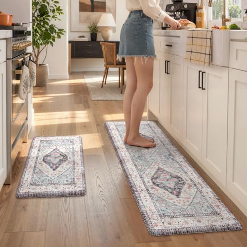 KIMODE Anti Fatigue Kitchen Mats,Boho Vintage Kitchen Rugs Sets of 2 Blue