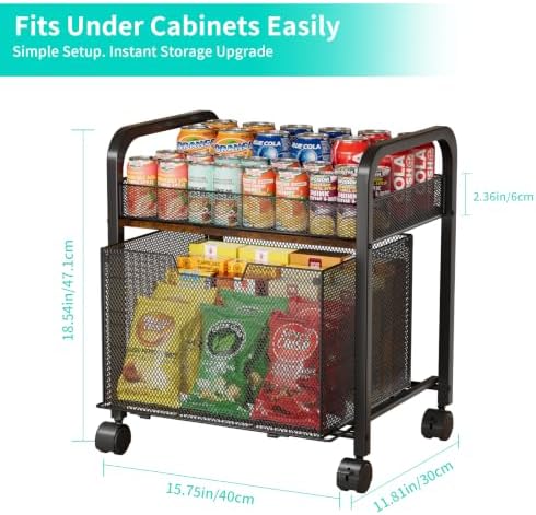 HapiRm 2 Tier Rolling Pantry Organizer Cart- Snack Storage Cart with Wheels