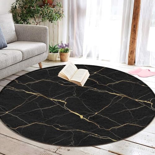 Large Machine Washable Circular Rugs, Home Decor Round Mat for Living Room Sofa Office Black Marble Gold Texture, 24inch