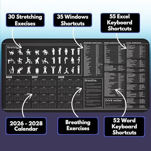 Productivity Desk Mat for Windows – Keyboard Shortcuts, Wellness Guide & 3-Year Calendar | XL Office Mouse Pad for Excel, Word & System Commands | Ergonomic Workspace Mat