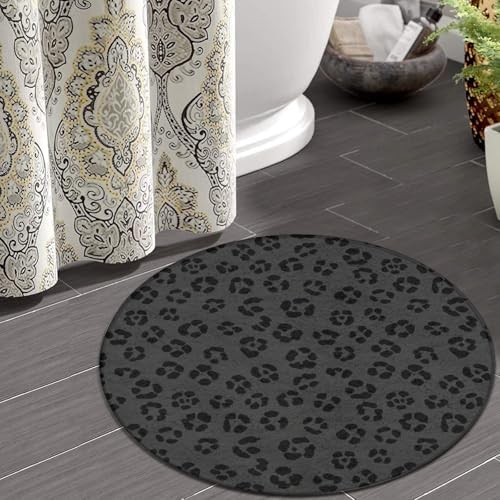 Home Decor Non Slip Kitchen Office Circle Rug, Machine Washable Modern Round Area Rug, Room Sofa Yoga Soft Round Carpet Dark Gray Black Leopard Cheetah Print