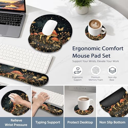 Mushroom Ergonomic Memory Foam Wrist Rest Set for Keyboard and Mouse,Flower Butterfly Moon Supportive Mouse Pad with Non Slip Base for Office Work and Gaming