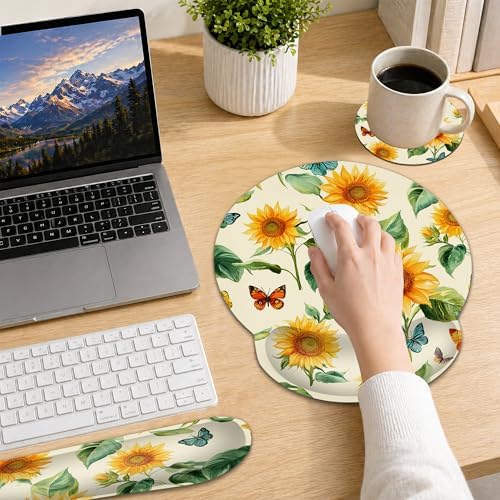 Sunflowers Keyboard Wrist Rest Pad Ergonomic Mouse Pad Set,Butterfly 3 in 1 Memory Foam Mouse Pad with Non Slip Base for Office and Home