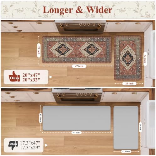 KIMODE Anti Fatigue Kitchen Mats, Boho Distressed Kitchen Rugs Red