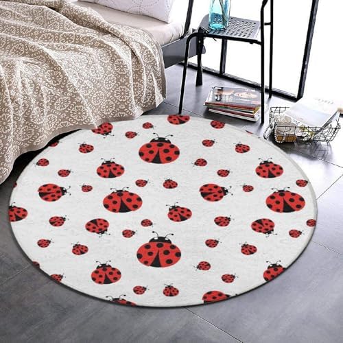 Room Sofa Yoga Soft Round Carpet, Home Decor Non Slip Kitchen Office Circle Rug, Machine Washable Modern Round Area Rug Ladybug Red Black Dots White