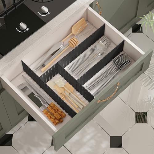 ALBAD Plastic Drawer Dividers Adjustable Drawer Organizer Dividers Separator for Tidying Clutter/Cutlery/Underwear/Socks/Clothes/Dresses/Boxes/Bins in Kitchen Bathroom Bedroom Office (Black, 42)