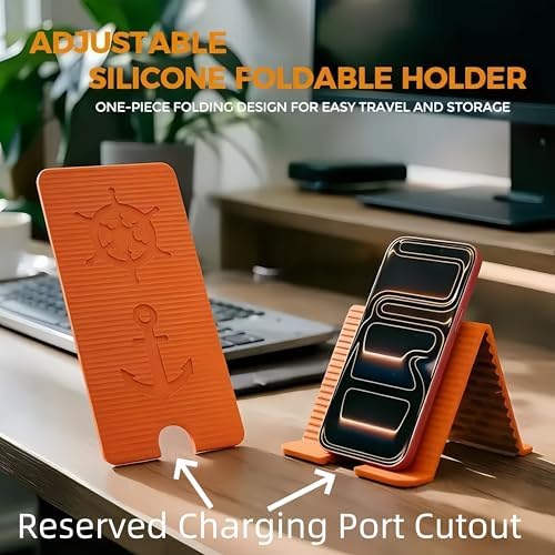 Flexible Silicone Aluminum Phone Holder Tablet Stand with Charging Port Design, Foldable Airplane Laptop/Phone Stand for Home Office Travel (Black+Orange)