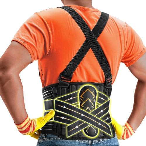 Work Back Brace with 2 Suspender Shoulder Straps for Heavy Lifting Safety, Built-In Bionic Lumbar Panel, Back Posture Protection Belt for Men and Women in Construction, Warehouse Moving Job XL