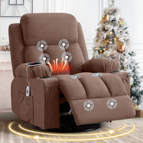 MAHOMICO Swivel Rocker Recliner Chair with Vibration Massage and Heat for Living Room,with Rocking Function and Side Pocket, USB Charge Port,2 Cup Holders