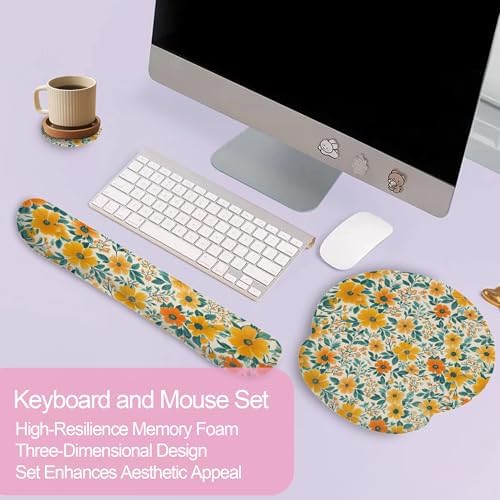 Wildflowers Spring Flowers Plants Mouse Pad with Wrist Rest and Keyboard Wrist Rest Set, Non-Slip Rubber Base Memory Foam Mouse Pad Set for Women, Office Desk Accessories, Gaming